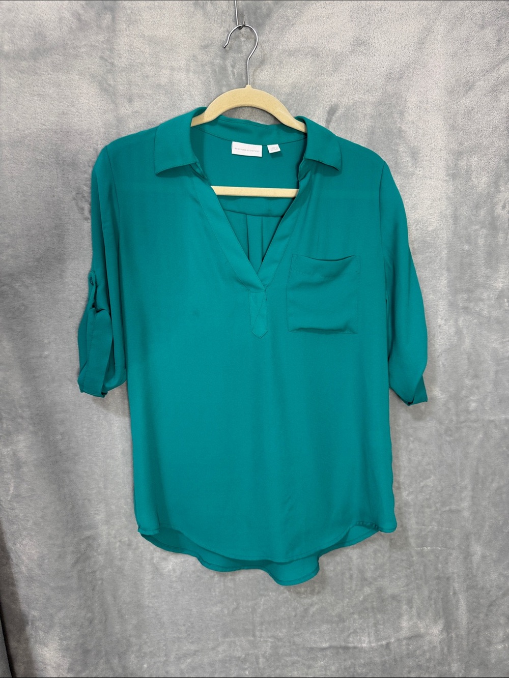 New York & Company Teal V-Neck Roll-Tab Tunic